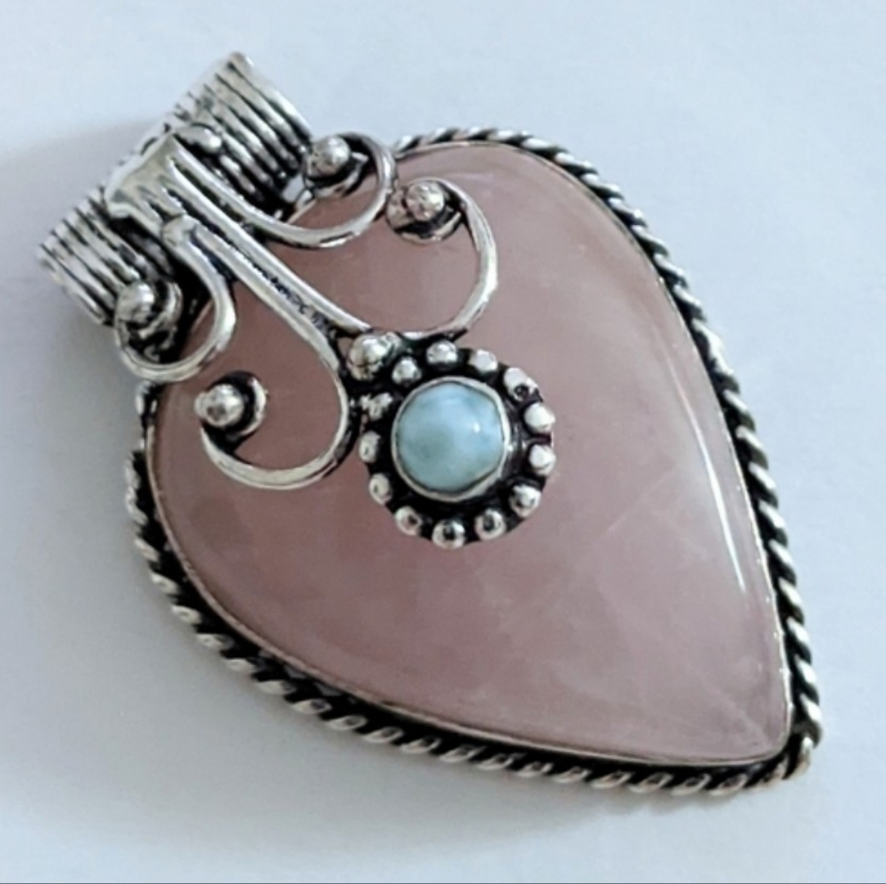Rose Quartz, Larimar Gemstone 925 Sterling Silver Handmade Cap Pendant Necklace - Picture 4 of 7